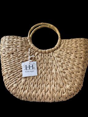 Haute Hippie Straw Bag Bamboo Handles Handbag Purse Tote New with Tag